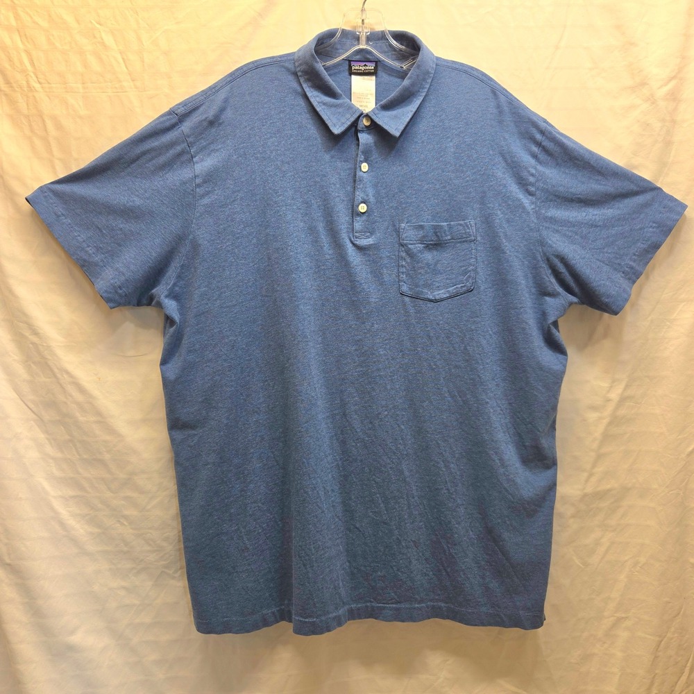 Patagonia Mens XXL Blue Organic Cotton Short Sleeve Pocket Polo Shirt Heathered